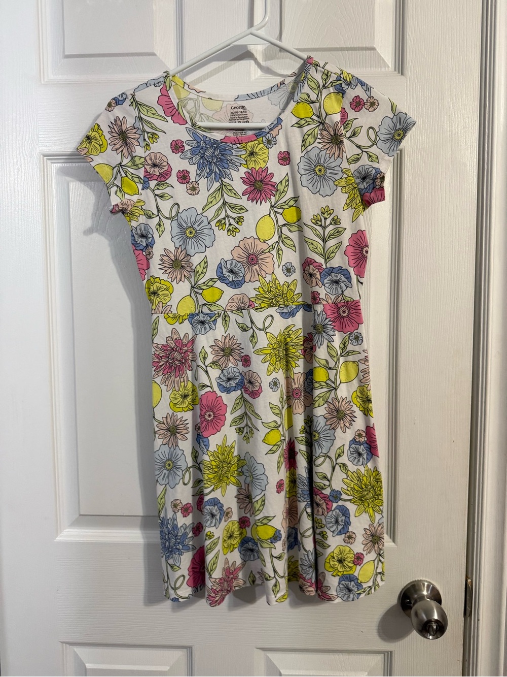 George White Floral Short Sleeve Swing Dress with Pink, Blue and Yellow Flowers